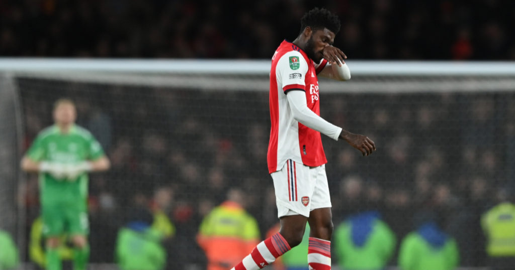 Arsenal manager Mikel Arteta reacts to Thomas Partey's red card in Caraboa Cup defeat