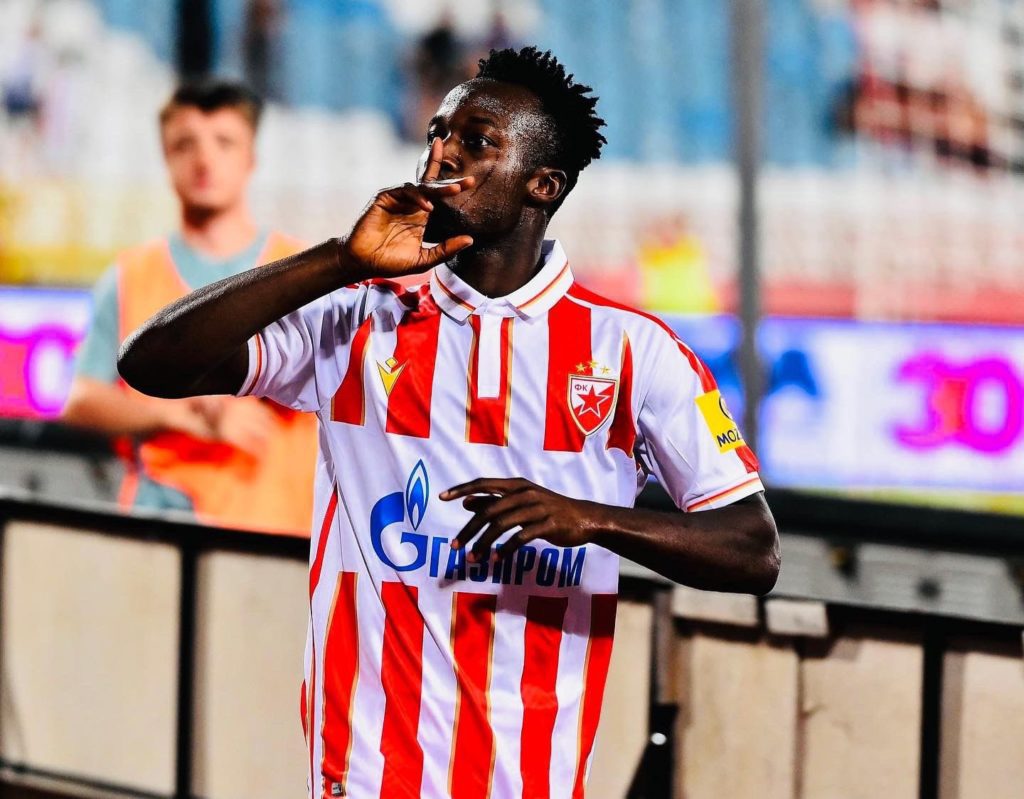 Ghana forward Osman Bukari reacts after scoring in Red Star\'s thrashing of Radnik in Serbia